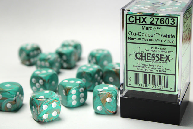 Chessex Dice - Marble 16mm d6 Oxi-Copper™/white Dice Block™ (12 dice)