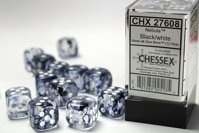 Chessex Dice - Nebula® 16mm d6 Black/white Dice Block™ (12 dice)