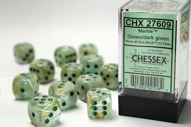 Chessex Dice - Marble 16mm d6 Green/dark green Dice Block™ (12 dice)