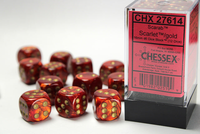 Chessex Dice - Scarab® 16mm d6 Scarlet™/gold Dice Block™ (12 dice)