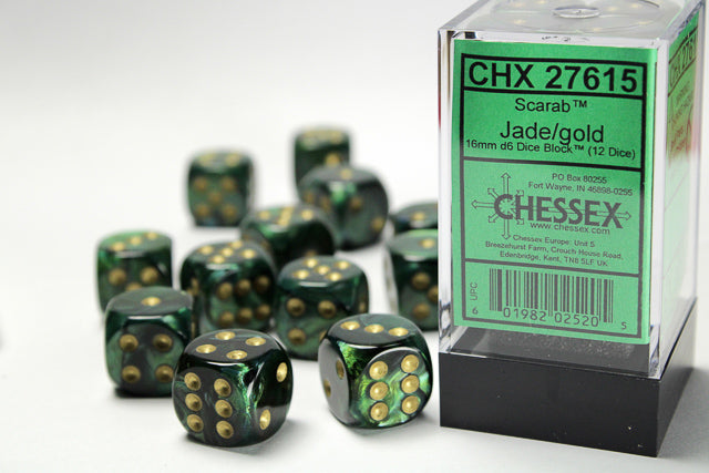 Chessex Dice - Scarab® 16mm d6 Jade/gold Dice Block™ (12 dice)