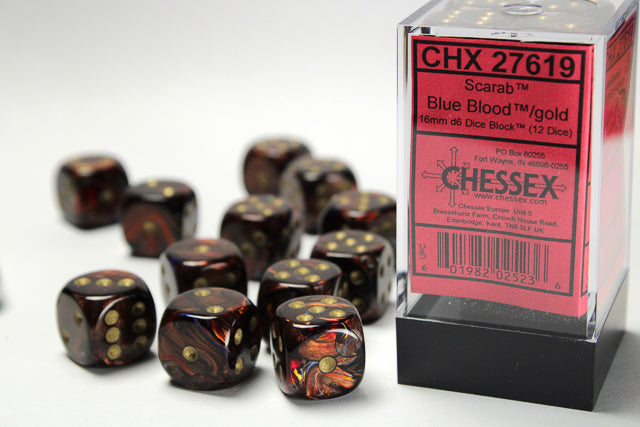 Chessex Dice - Scarab® 16mm d6 Blue Blood™/gold Dice Block™ (12 dice)
