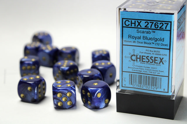 Chessex Dice - Scarab® 16mm d6 Royal Blue/gold Dice Block™ (12 dice)