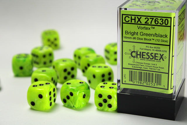 Chessex Dice - Vortex® 16mm d6 Bright Green/black Dice Block™ (12 dice)