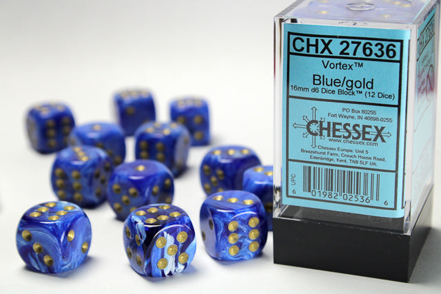 Chessex Dice - Vortex® 16mm d6 Blue/gold Dice Block™ (12 dice)