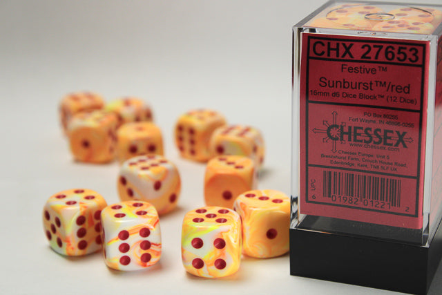 Chessex Dice - Festive® 16mm d6 Sunburst™/red Dice Block™ (12 dice)