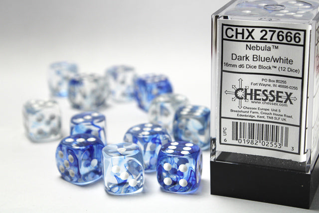 Chessex Dice - Nebula® 16mm d6 Dark Blue/white Dice Block™ (12 dice)