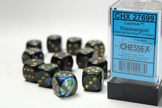 Chessex Dice - Lustrous® 16mm d6 Shadow/gold Dice Block™ (12 dice)