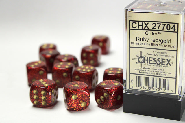 Chessex Dice - Glitter 16mm d6 Ruby/gold Dice Block™ (12 dice)