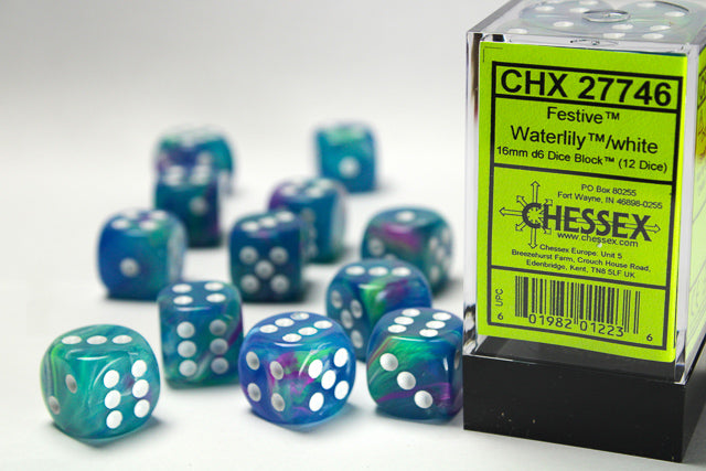 Chessex Dice - Festive® 16mm d6 Waterlily™/white Dice Block™ (12 dice)