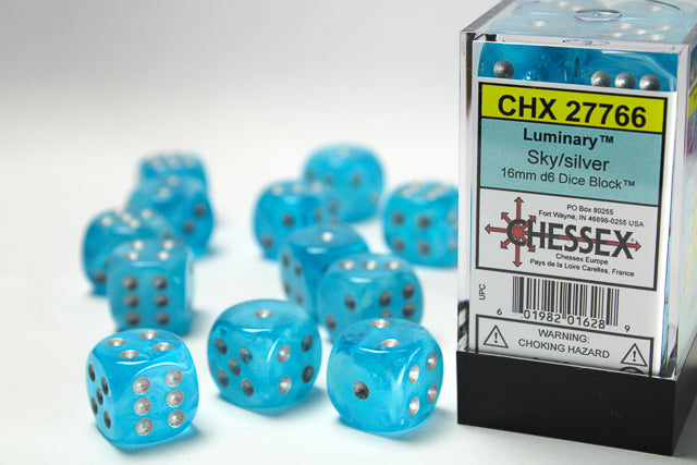 Chessex Dice - Luminary™ 16mm d6 Sky/silver Dice Block™ (12 dice)