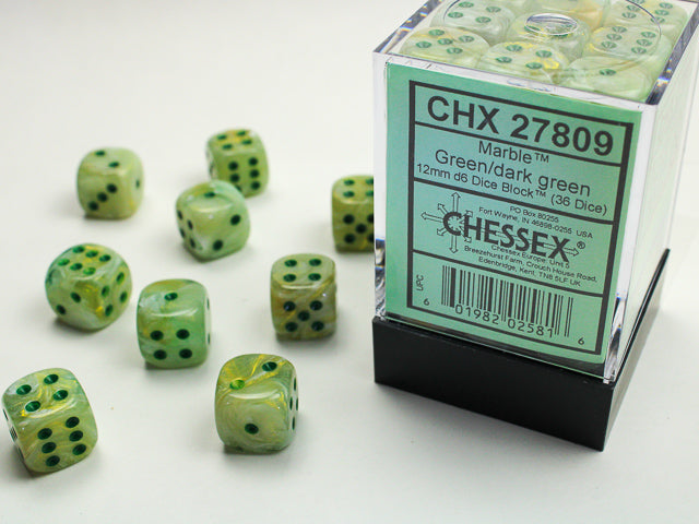 Chessex Dice - Marble 12mm d6 Green/dark green Dice Block™ (36 dice)