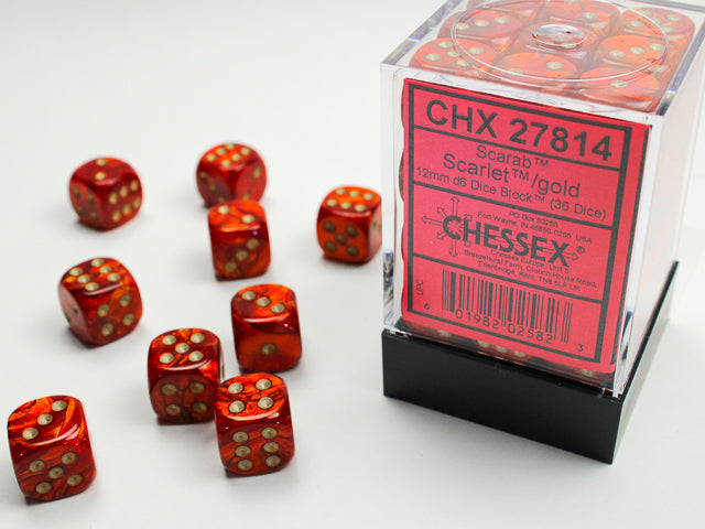 Chessex Dice - Scarab® 12mm d6 Scarlet™/gold Dice Block™ (36 dice)