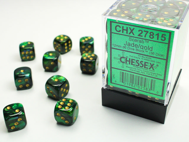 Chessex Dice - Scarab® 12mm d6 Jade/gold Dice Block™ (36 dice)