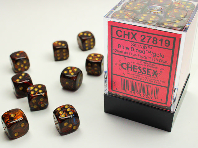Scarab® 12mm d6 Blue Blood™/gold Dice Block™ (36 dice)