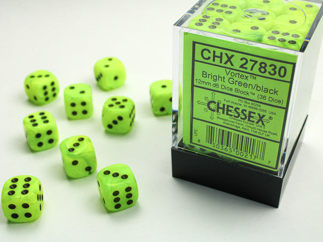 Chessex Dice - Vortex® 12mm d6 Bright Green/black Dice Block™ (36 dice)
