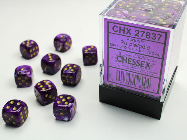 Chessex Dice - Vortex® 12mm d6 Purple/gold Dice Block™ (36 dice)