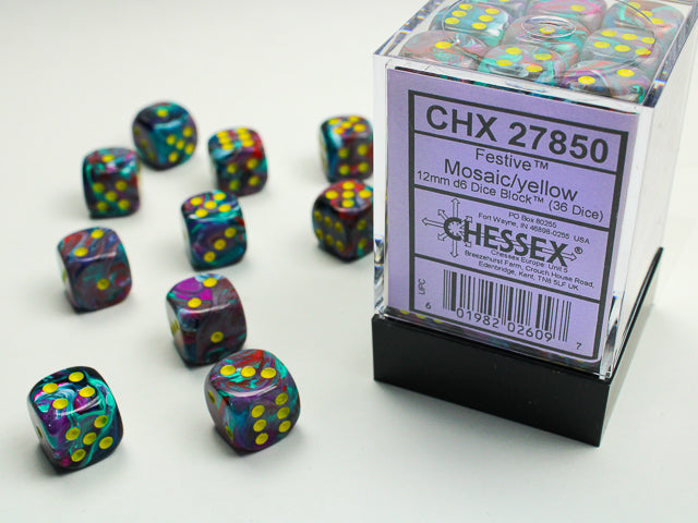 Chessex Dice - Festive® 12mm d6 Mosaic/yellow Dice Block™ (36 dice)