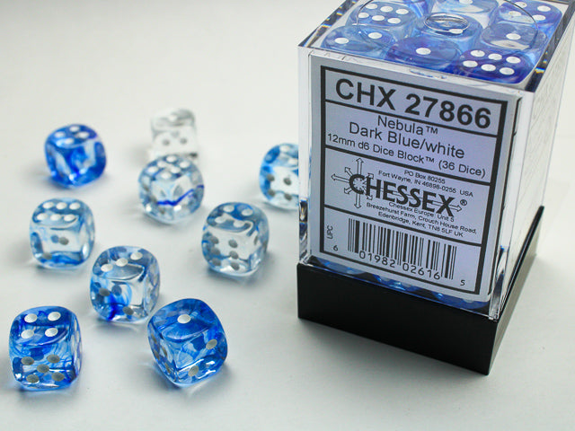 Chessex Dice - Nebula® 12mm d6 Dark Blue/white Dice Block™ (36 dice)
