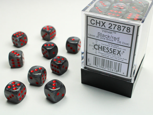 Chessex Dice - Velvet® 12mm d6 Black/red Dice Block™ (36 dice)