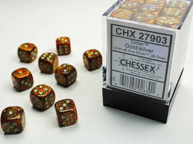 Chessex Dice - Glitter 12mm d6 Gold/silver Dice Block™ (36 dice)