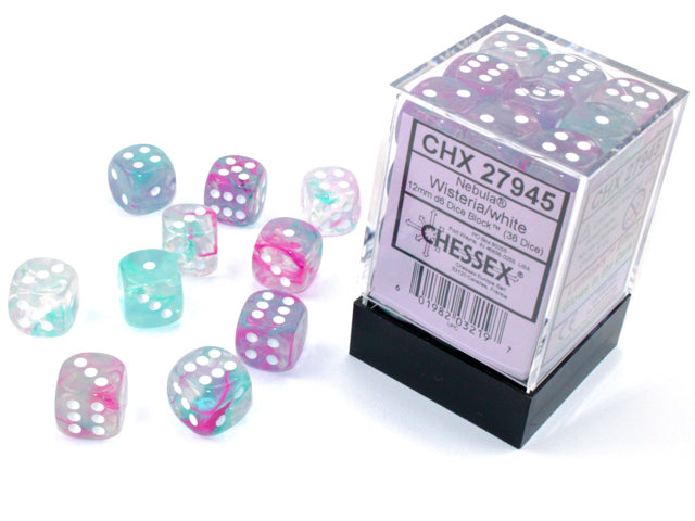 Chessex Dice - Nebula® 12mm d6 Wisteria/white Luminary™ Dice Block™ (36 dice)