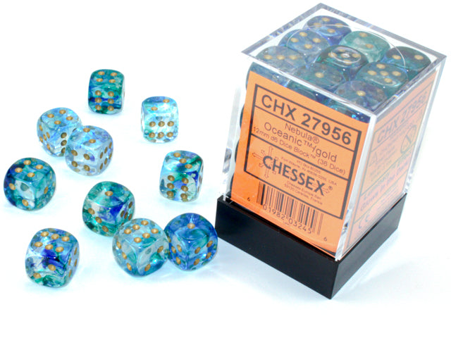 Chessex Dice - Nebula® 12mm d6 Oceanic™/gold Luminary™ Dice Block™ (36 dice)