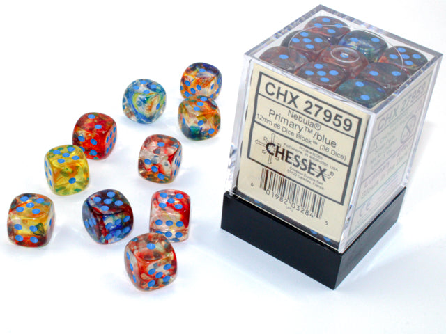 Chessex Dice - Nebula® 12mm d6 Primary™/blue Luminary™ Dice Block™ (36 dice)
