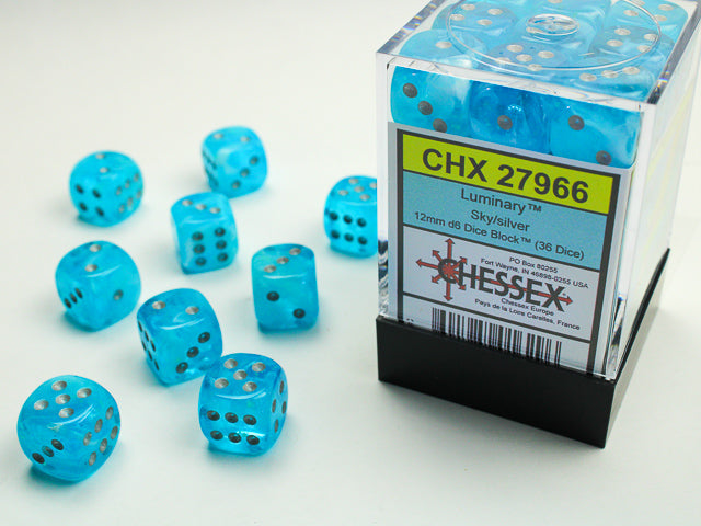 Chessex Dice - Luminary™ 12mm d6 Sky/silver Dice Block™ (36 dice)
