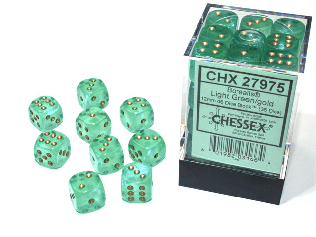 Chessex Dice - Borealis® 12mm d6 Light Green/gold Luminary™ Dice Block™ (36 dice)