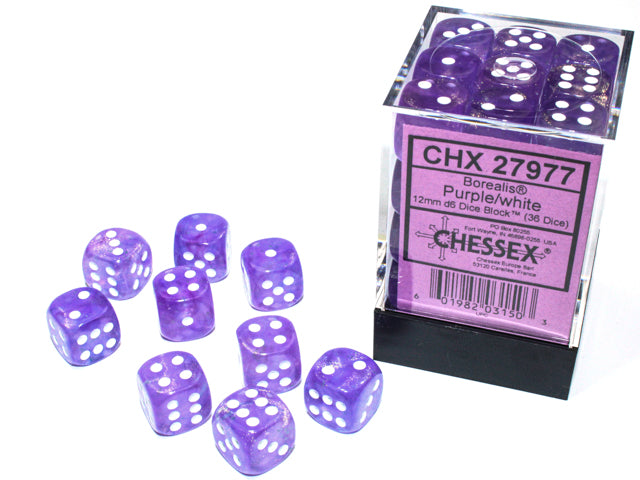 Chessex Dice - Borealis® 12mm d6 Purple/white Luminary™ Dice Block™ (36 dice)