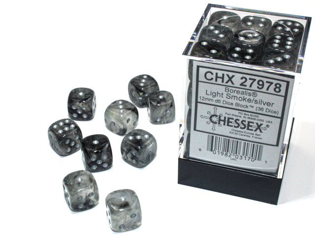 Chessex Dice - Borealis® 12mm d6 Light Smoke/silver Luminary™ Dice Block™ (36 dice)