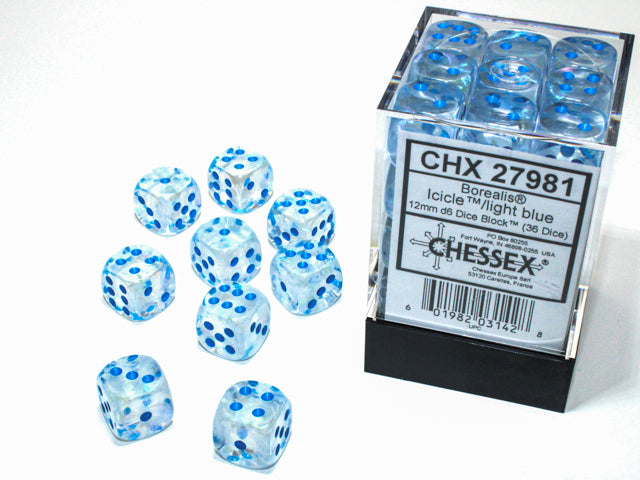 Chessex Dice - Borealis® 12mm d6 Icicle™/light blue Luminary™ Dice Block™ (36 dice)