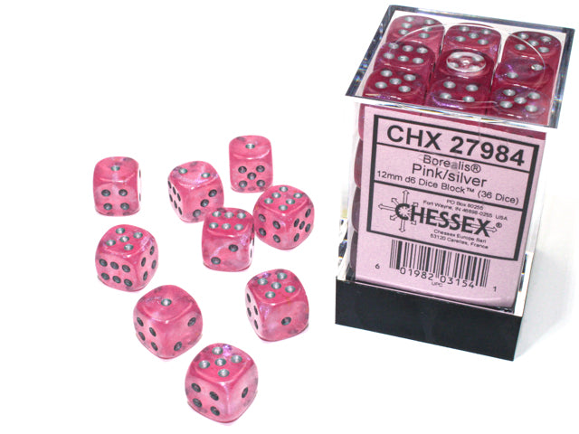 Chessex Dice - Borealis® 12mm d6 Pink/silver Luminary™ Dice Block™ (36 dice)