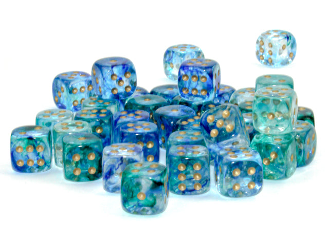 Chessex Dice - Nebula® 12mm d6 Oceanic™/gold Luminary™ Dice Block™ (36 dice)