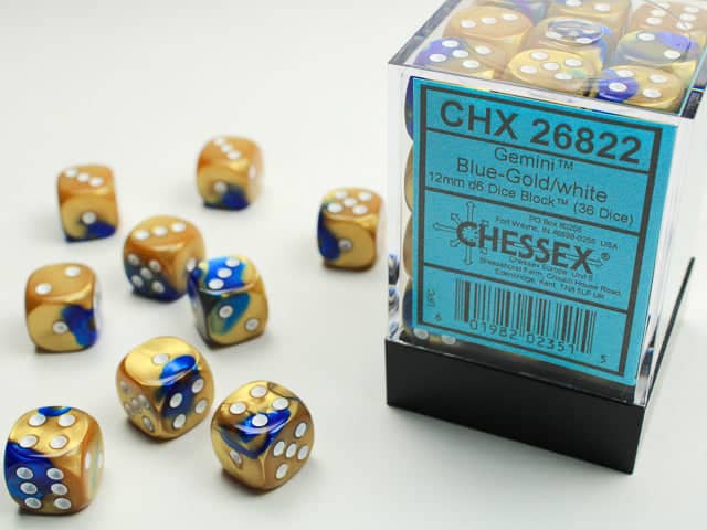 Chessex Dice - Gemini™ 12mm d6 Blue-Gold/white Dice Block™(36 dice)