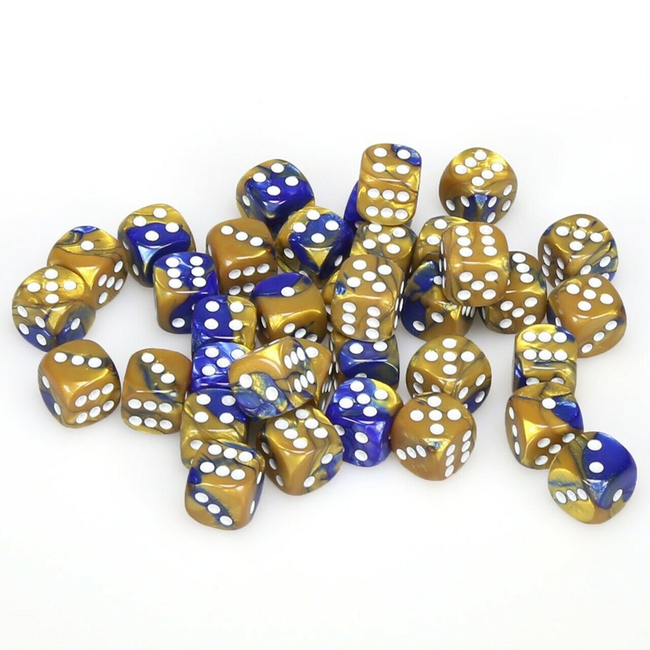 Chessex Dice - Gemini™ 12mm d6 Blue-Gold/white Dice Block™(36 dice)