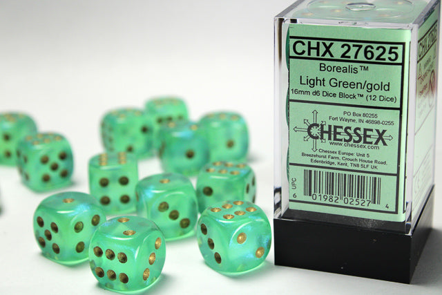 Chessex Dice - Borealis® 16mm d6 Light Green/gold Dice Block™ (12 dice)