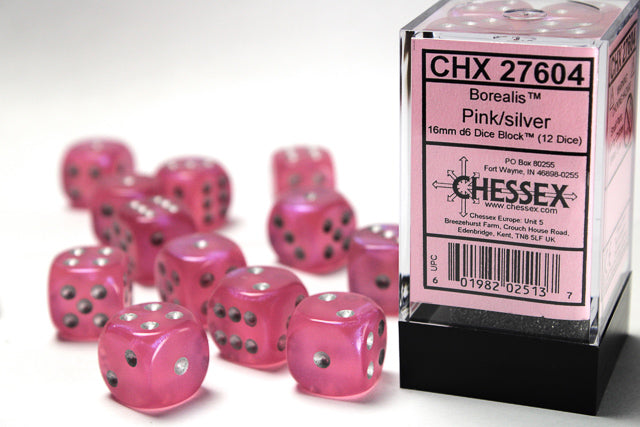 Chessex Dice - Borealis® 16mm d6 Pink/silver Dice Block™ (12 dice)