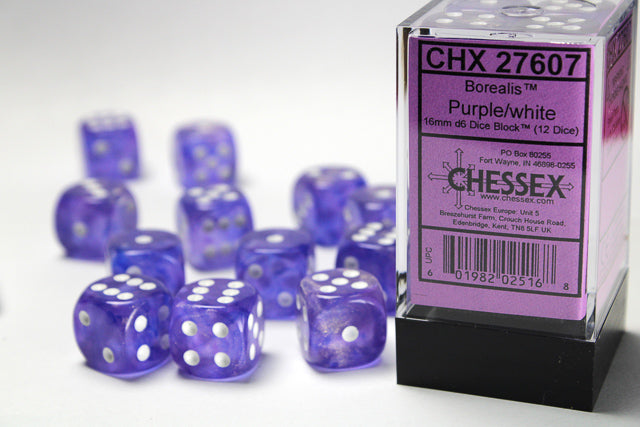 Chessex Dice - Borealis® 16mm d6 Purple/white Dice Block™ (12 dice)