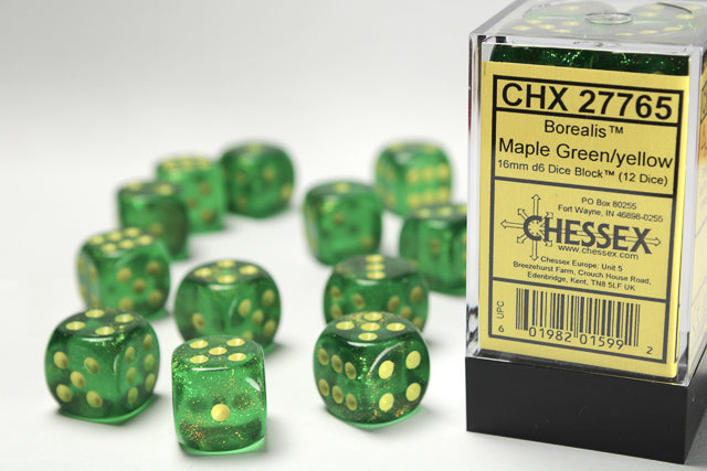 Chessex Dice - Borealis® 16mm d6 Maple Green/yellow Dice Block™ (12 dice)