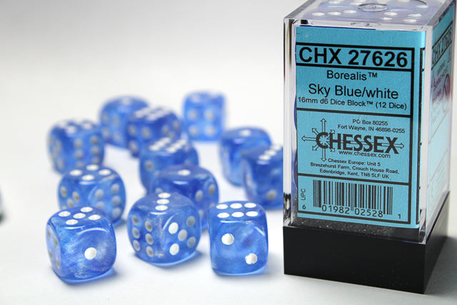 Chessex Dice - Borealis® 16mm d6 Sky Blue/white Dice Block™ (12 dice)