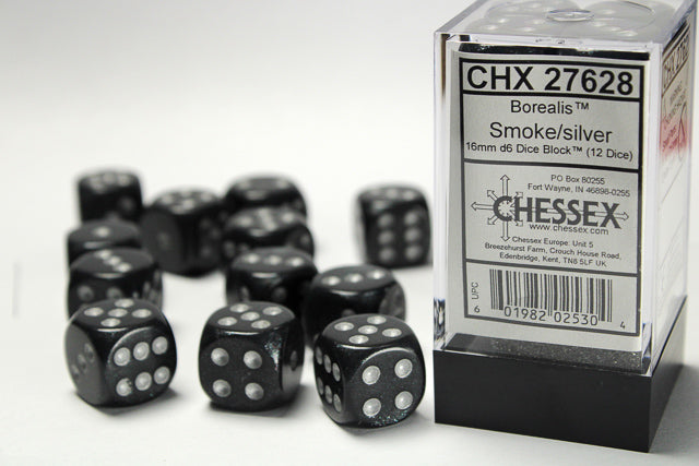 Chessex Dice - Borealis® 16mm d6 Smoke/silver Dice Block™ (12 dice)