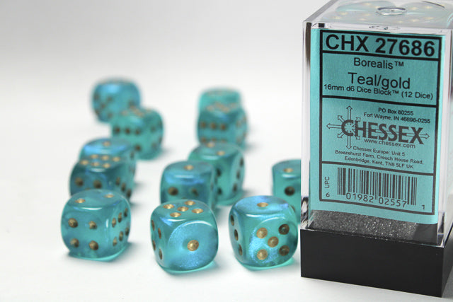 Chessex Dice - Borealis® 16mm d6 Teal/gold Dice Block™ (12 dice)