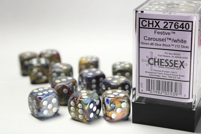 Chessex Dice - Festive® 16mm d6 Carousel™/white Dice Block™ (12 dice)