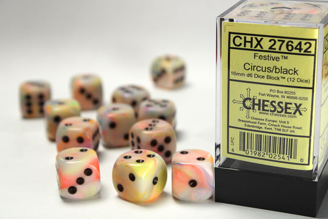Chessex Dice - Festive® 16mm d6 Circus/black Dice Block™ (12 dice)